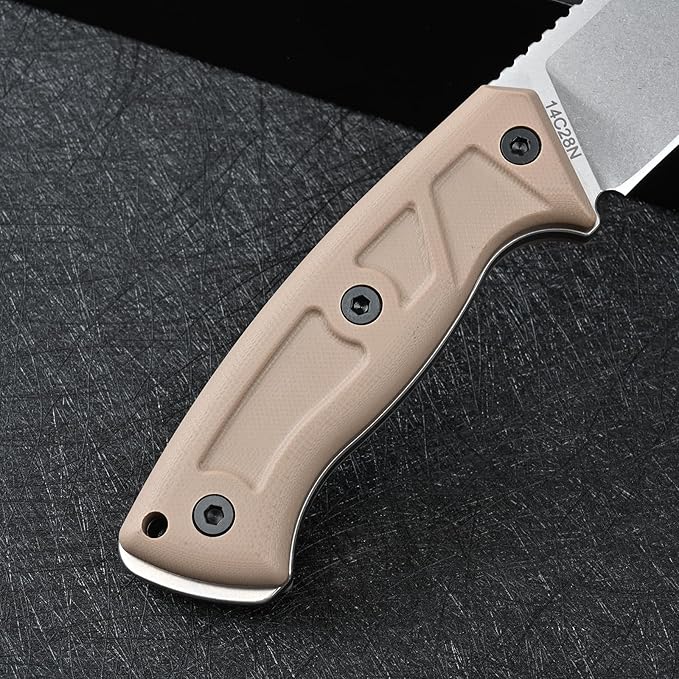 Knives 14C28N Steel Tactical Fixed Blade Knife with kydex sheath G10 Handle for Men EDC Outdoor Camping Survival Hunting (White stone wash+khaki G10)