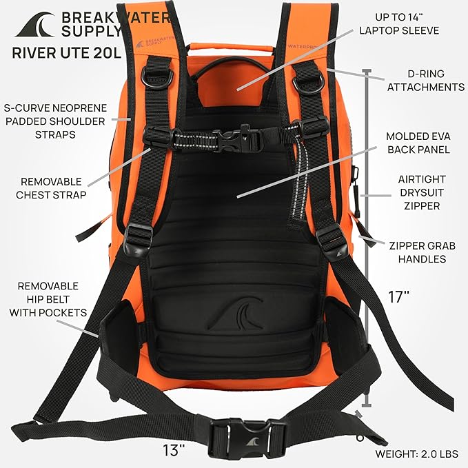 Breakwater Supply™ River Ute Waterproof IP68 Utility Backpack Floating TPU Submersible Dry Bag with Padded Hip Belt and Airtight Zippers | 20L (River Ute 20L Safety Orange)