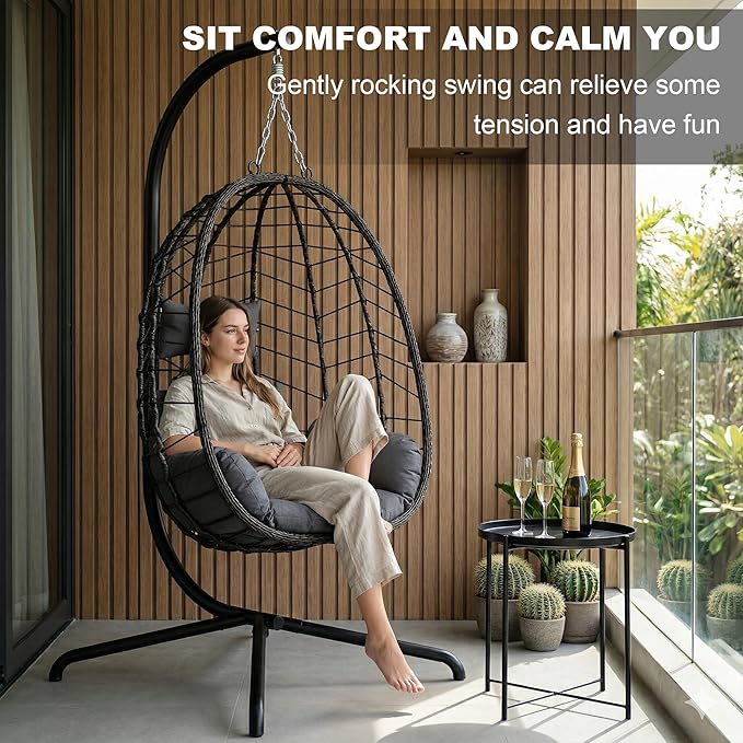 LEX CRAFT Hanging Egg Chair with Stand Swinging Egg Chair Outdoor Indoor Hanging Basket Chair with Cushion Patio Wicker Hammock Chair 350lbs Capacity for Porch Balcony Backyard Garden (Grey1)