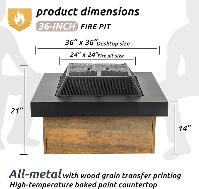 WILDMOS 36 Firepits for OutsideWood Burning Fire Pit with Wood-Grain Side PanelsFirepit for Outside with Mesh Cover &amp Fire PokerSquare Modern Outdoor Fireplace Fire Table.