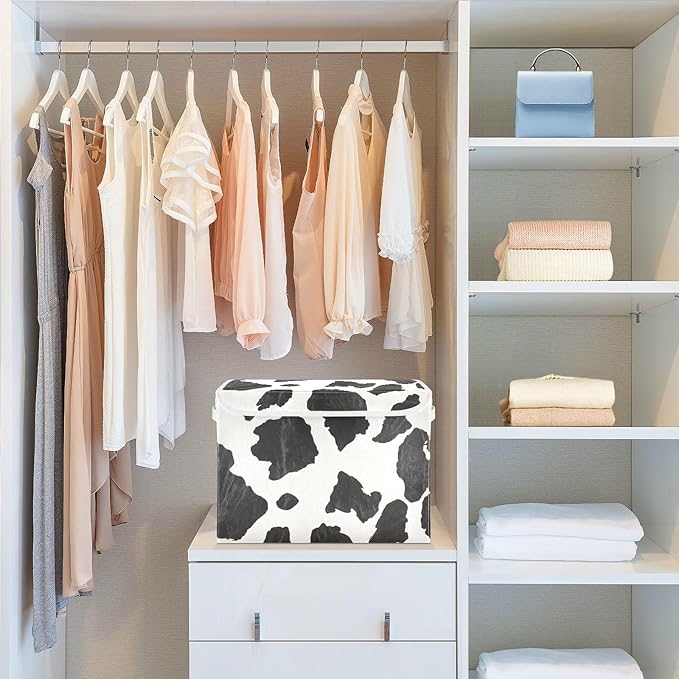 Collapsible Storage Bins with Lids Decorative Fabric Storage Cubes Closet Organizer and Storage Basket Boxes Containers for Clothes Box Chest Nursery Folding Rectangle Classic Cow Print