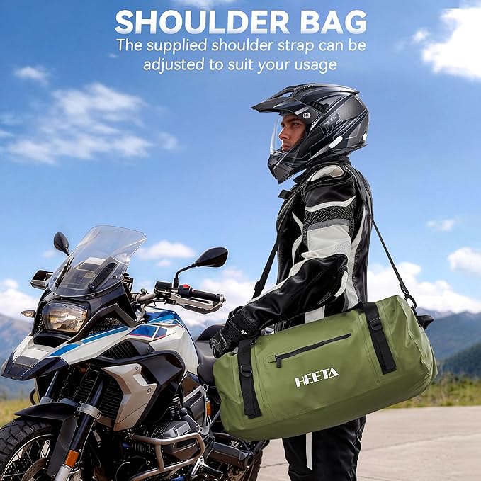 HEETA Waterproof Motorcycle Dry Bag Waterproof Duffel Luggage Travel Bags with Zippered Closure &amp Pocket Shoulder Straps Large Space for Motorcycling Camping Commuting Boating (Green 50L)