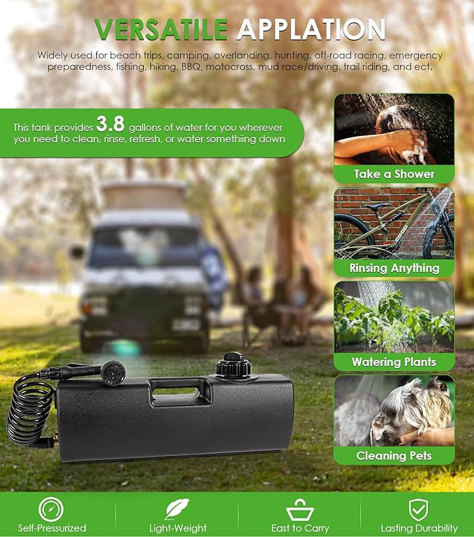 4.0 Gallon Self-Pressurized Water Tank Portable Camping Shower Water Storage with Spray Hose Bumper Mount or Bed Mount for Pick-up Trucks &amp Off-Road Vehicles Outdoor Activities Water Supply