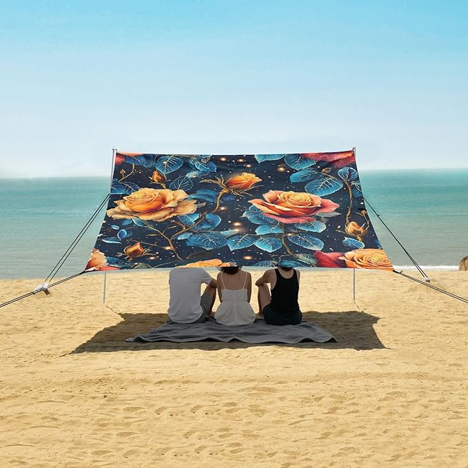 ALAZA Dreamy Rose Flower Beach Tent Sun Shelter UPF50+ Protection Beach Shade Canopy w/ 4 Sandbags for Outdoor Camping Fishing Backyard Fun Picnic 10x9 ft