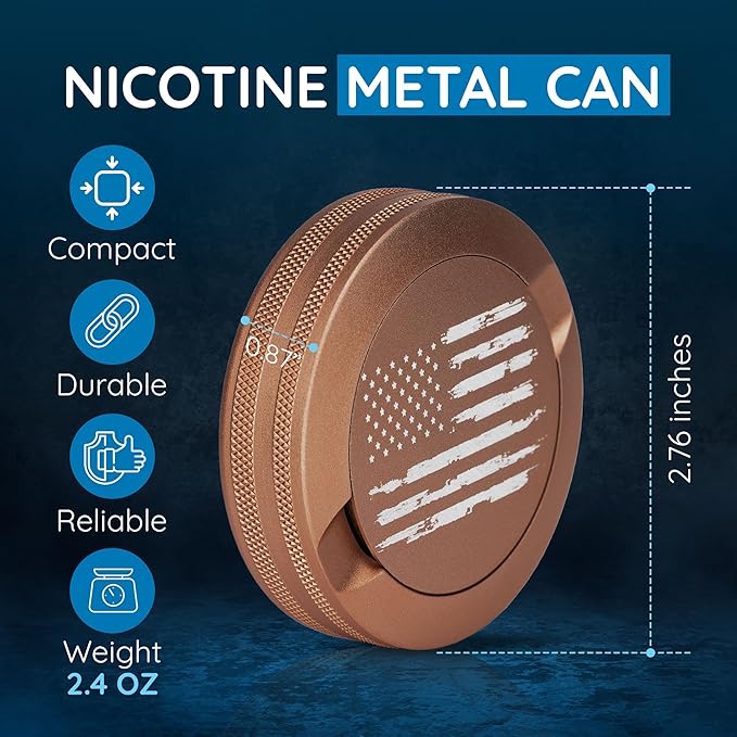 Premium Nicotine Pouch Container | Zyn Metal Can | Moisture &amp Odor Proof Snus Can | Zyn Accessories | Laser Engraved American Flag Design (Copper)