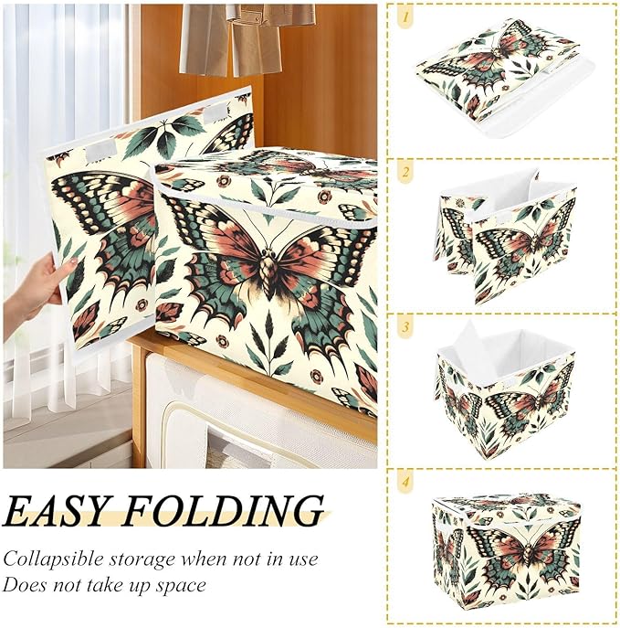 MNSRUU Containers Baskets with Lids Retro Beautiful Butterfly Foldable Storage Bins Organizer with Lid Collapsible Storage Boxes for Home Bedroom Closet Office