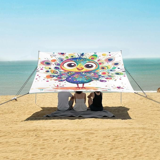Cute Peacock Foldable Beach Tent UPF50 Lightweight Portable Sun Shelter with Carrying Bag for Camping Picnics Backyard &amp Fishing