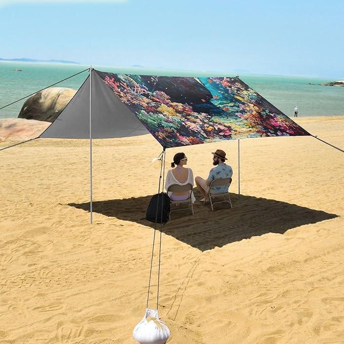 ALAZA Sunken Ship Coral in Sea Beach Tent Sun Shelter UPF50+ Protection Beach Shade Canopy w/ 4 Sandbags for Outdoor Camping Fishing Backyard Fun Picnic 10x9 ft