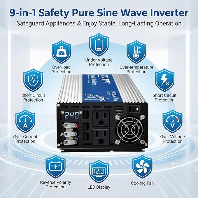 3500W Pure Sine Wave Inverter DC 12V to AC 110V 120V Power Inverter with Dual AC Outlets &amp Hardwire Terminal &amp LED Display for SolarHome Backup PowerOutdoor Over 90% Efficiency
