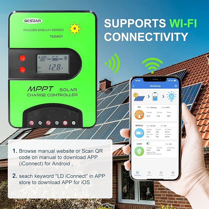 40A MPPT Solar Charge Controller 12V/24V Automatic Maximum PV 100V Charge Controller Built-in WiFi Adapter with LCD Display for Gel-Sealed Immersion AGM and Li-Ion Batteries (WiFi)
