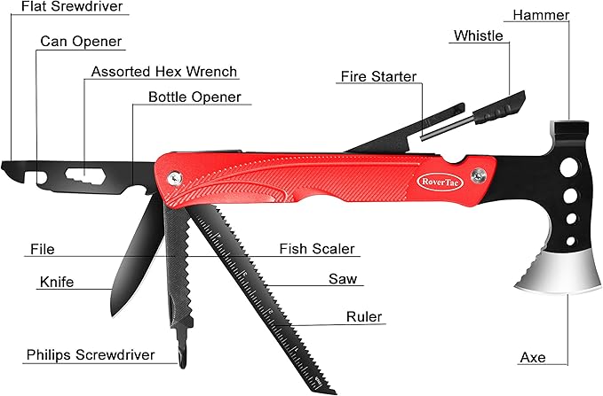 RoverTac Camping Hatchet Multitool Axe Survival Gear 14-in-1 Multi Tool Axe Hammer Knife Saw Bottle Opener Fire Starter Whistle Gifts for Men Dad Him Perfect for Camping Survival Hiking Fishing