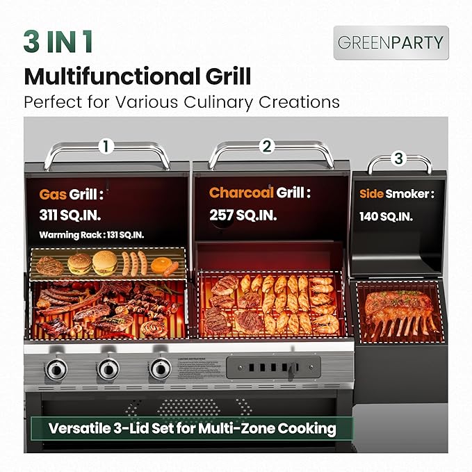 3-Burner Gas and Charcoal Grill Combo with Offset Smoker 30000 BTU Dual Fuel Grill 839 Sq. In. Cooking Area BBQ Grill Ideal for Outdoor Cooking Patio Backyard Balcony