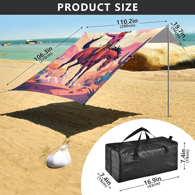 Beach Canopy with Windproof Ropes &amp Sandbags Beach Tent Sun Shade Sun Shelter for Camping Trips Fishing Backyard Fun or Picnics Cowboy