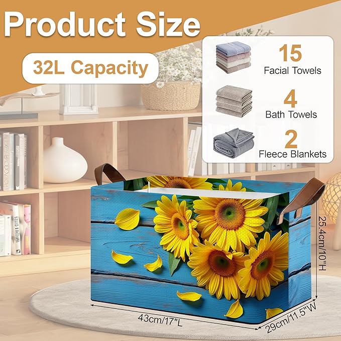 Storage Bin with Handles Sunset Sunflower Collapsible Laundry Baskets for Books Laundry - Use in Nursery Closet Organizers and Storage Blanket Basket