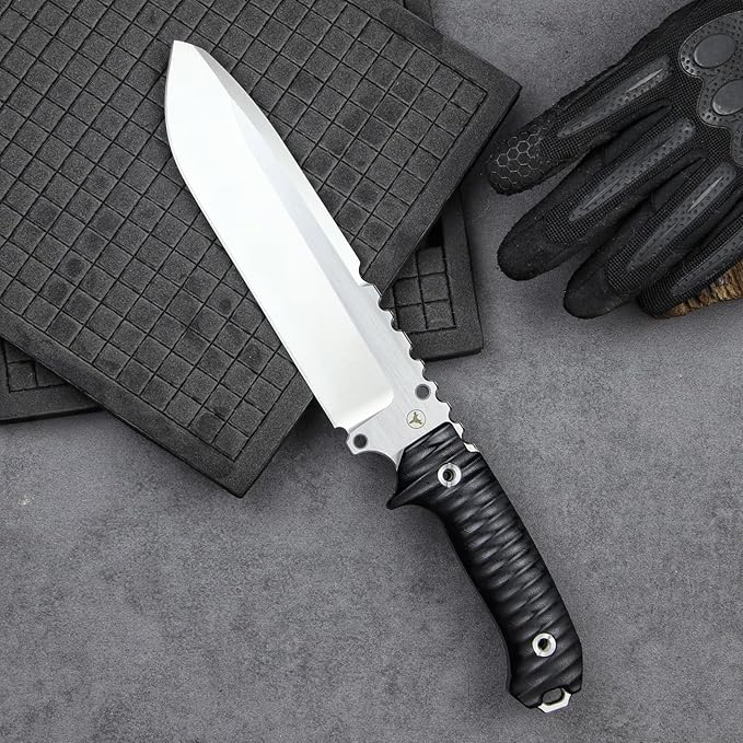 LENGREN【Eggplant 12.8 Inches 7MM THK Full Tang Heavy Fixed Blade Multifunctional Tactical Knife Drop Point DC53 Steel Kydex Sheath For Camping Hiking Hunting (White)