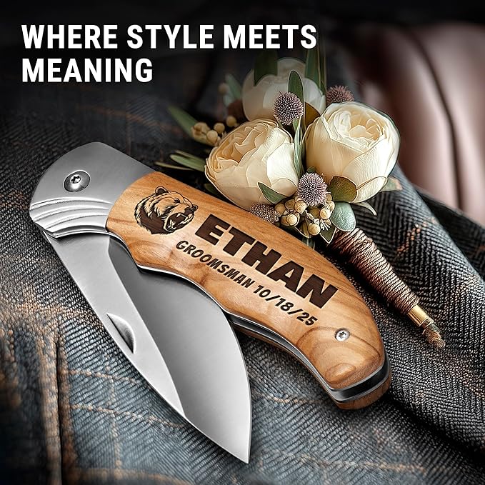 Personalized Pocket Knife for Groomsmen - Custom Folding Knives Set of 3 pcs - Engraved Gifts for Men and Women - Gift for Groomsman Wedding Party Best Man Proposal Gift for Bride Maid 6651 PS