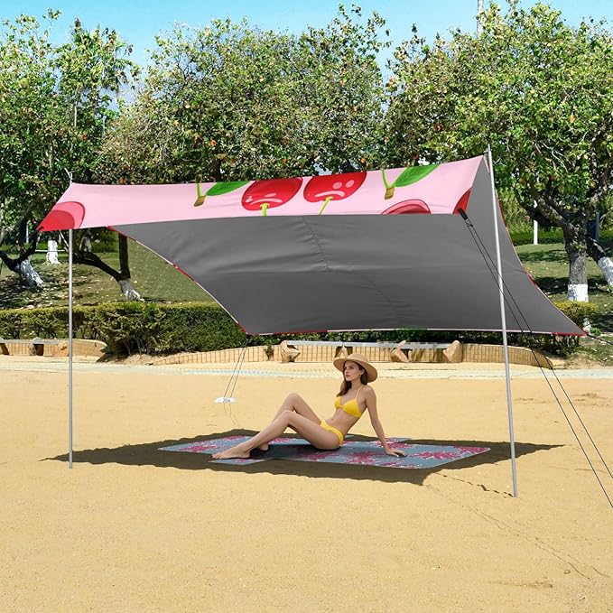 xigua Red Cherries Beach Tent Sun Shelter with Carrying Bag - Silver Coated Oxford Fabric Beach Canopy for Beach Camping Fishing - Includes Windproof Ropes Sandbags &amp Stakes