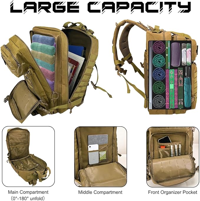 WOLT Military Tactical Backpack for Men 45L Molle Backpack 3 Day Assault Pack Bug Out Bag Heavy Duty Rucksack for Hiking Gym(Khaki)