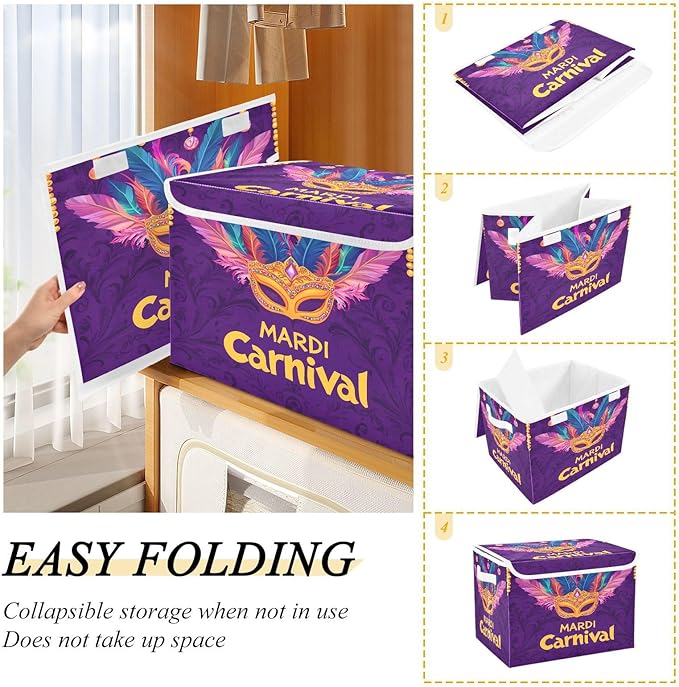 Storage Baskets with Lids Mardi Gras Carnival Mask Collapsible Bins Stackable Fabric Linen Baskets Closet Organizer Container 16.5x12.6x11.8