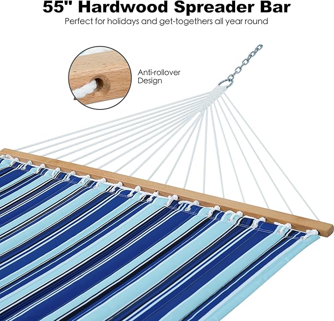 GAFETE Hammock 2 Person Quilted Fabric Hammocks for Outside Double 12ft Hammocks with Spreader Bar Large Removable Pillow Storage Bag Carabiners Max 475 lbs Capacity (Catalina Beach)