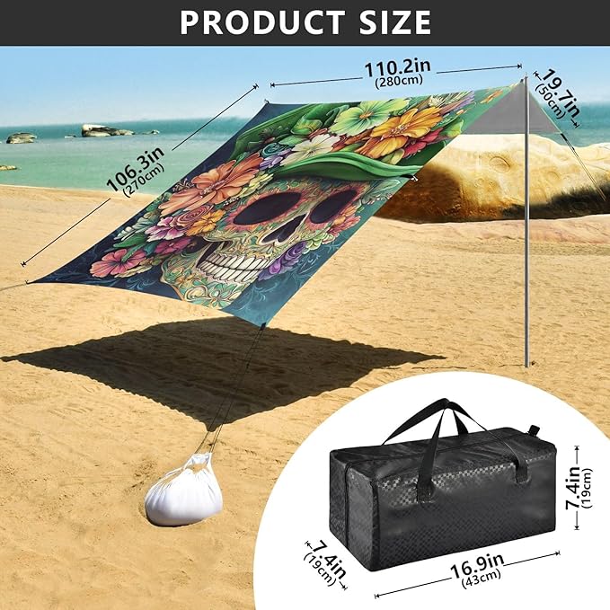 ALAZA St Patrick's Day Green Hat Floral Skull Beach Tent Sun Shelter Portable Canopy Sunshade for Outdoor Camping Picnics Backyard Fun 10x9 ft