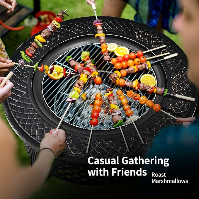 Giantex 3 in 1 Fire Pit 32 Outdoor Wood Burning Fire Pit Multifunctional Round Firepit Stove Metal Fire Bowl with Cover Portable Fire Pits for Outside Heating Bonfire Picnic Grill