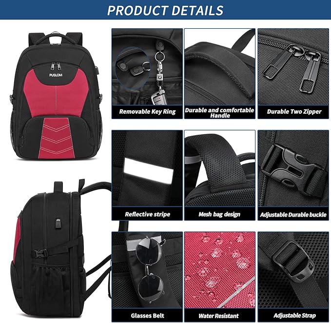 PUSLOM Extra Large Travel Laptop Backpack for Men 55LWater Resistant 18.4 inch Big Business Laptop bags with USB Charging PortTSA Friendly Anti Theft Computer Bag for Work CollegeRed