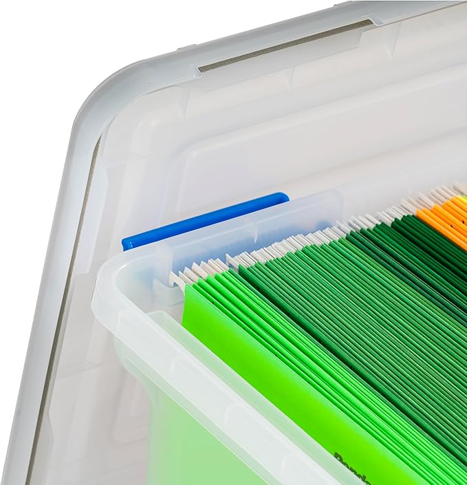 IRIS USA File Box WeatherPro File Organizer for Letter/Legal File Water Resistant Document Box Plastic Gasket File Box With Tight Latch and Seal Stackable Nestable Clear/Blue 32 Qt. 3 Pack