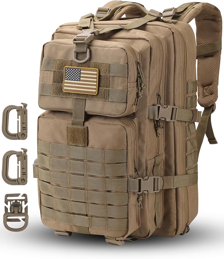 Hannibal Tactical MOLLE Assault Pack Tactical Backpack Military Army Camping Rucksack 3-Day Pack Trip w/USA Flag Patch D-Rings Coyote
