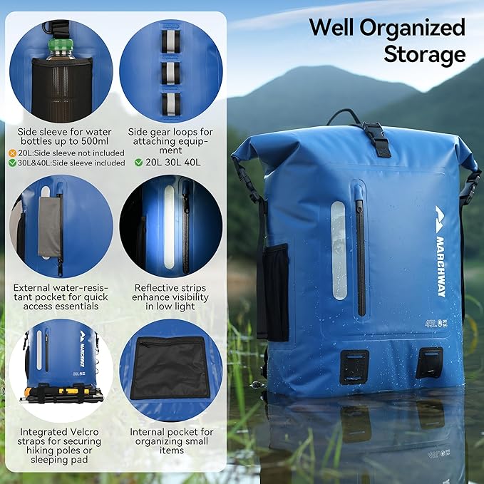 MARCHWAY Roll Top Waterproof Backpack Floating Dry Bag 20L/30L/45L with Ergonomic Rectangular Base Cushioned Back Hip Strap for Hiking Camping Kayaking Travel (Blue 20L)