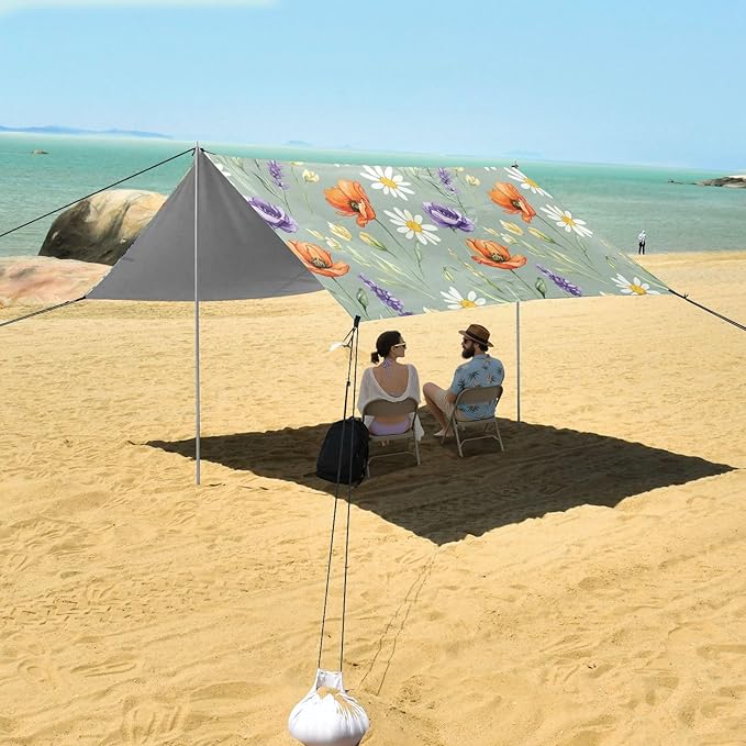xigua Wildflowers Beach Tent Sun Shelter with Carrying Bag - Silver Coated Oxford Fabric Beach Canopy for Beach Camping Fishing - Includes Windproof Ropes Sandbags &amp Stakes