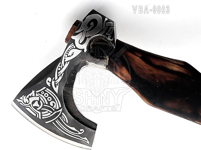 SHINY CRAFTS® Handcrafted Decorative Viking Axe with Leather-Wrapped Handle &amp Sheath – Engraved Blade – Ceremonial Collectible Gift for Men History Buffs Cosplay &amp Display (VBA-03)