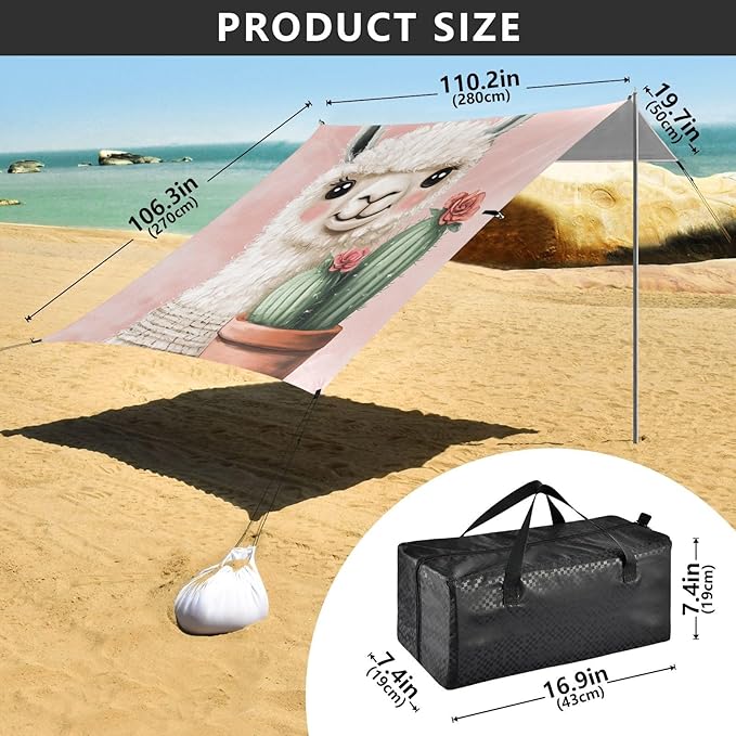 ALAZA Cute Llama with_Cactus on Pink Beach Tent Sun Shelter Portable Canopy Sunshade for Outdoor Camping Picnics Backyard Fun 10x9 ft