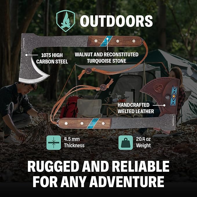 Condor Tool &amp Knife Blue River Tomahawk - Premium Tactical Tomahawk with 1095 High-Carbon Steel Blade - Ergonomic Walnut Handle with Turquoise Stone Inlay - Ideal for Bushcraft Camping &amp Surv