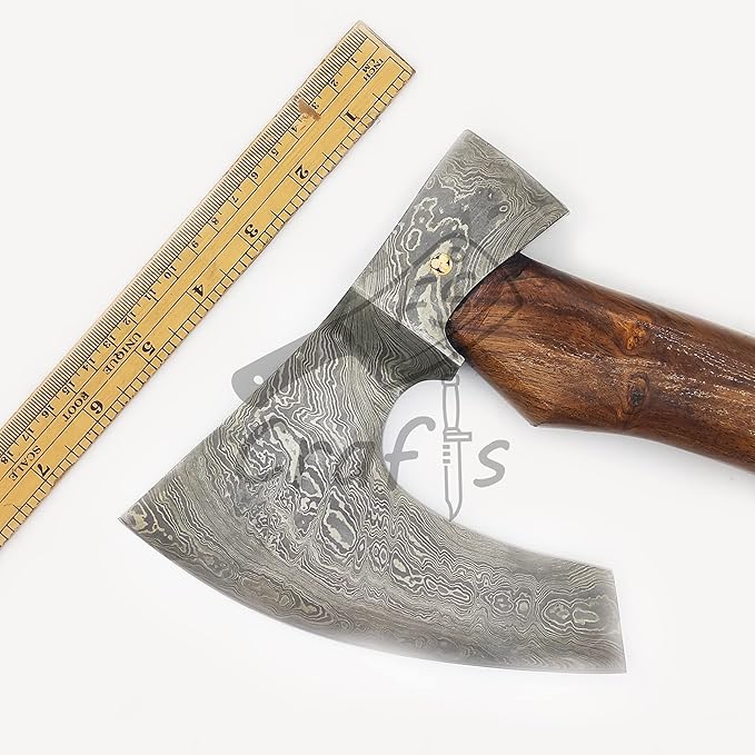 AXE002 FS Crafts 9.00 Damascus Fist Axe (Palm-Sized) Custom And Hand Forged Damascus Hunting Viking Axe Beard Axe Hatchet Wood Handle With Leather Sheath Everyday Carry Hunting Viking Axe 47 Axe