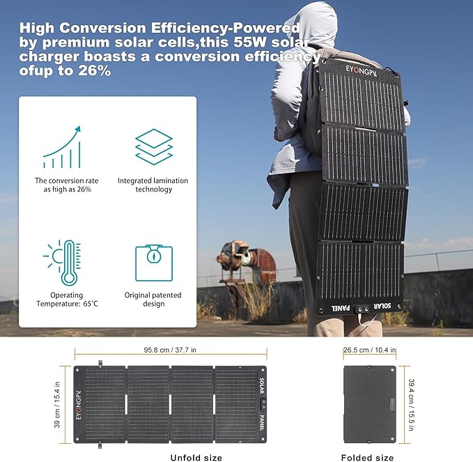 EYONGPV 55W Foldable Solar Panel Charger with Owl-Eye LED USB-C &amp USB-A DC Fast Charging Portable Solar Charger for Camping Hiking RV Outdoor Compatible with iPhone iPad Samsung Galaxy GP