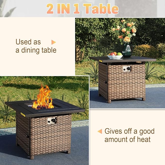 Sophia &amp William 32 Inch Gas Fire Pit Table Outdoor Rattan Propane Fire Table &amp Fireplace with Fire Glass Lid 50000 BTU Firepits for Outside Patio
