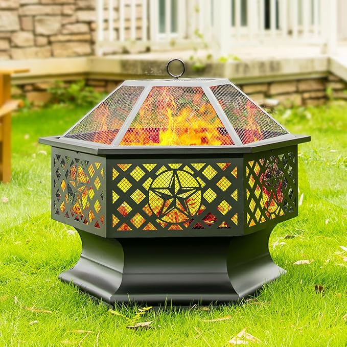 Panovue 28 Inch Hex-Shaped Fire PitWood Burning Fire Pits for Outside with Spark Screen&ampPokerMetal Hexagon Outdoor Firepit for BackyardBonfirePatioPartyGardenPicnic and Camping(28'' Black)