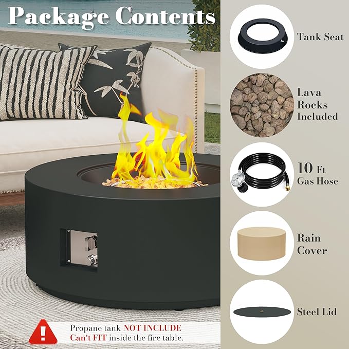 32.5 Inch Propane Fire Pit Table 50000 BTU Round Patio Fire Pit Table Outdoor CSA Certified Stainless Burner with Steel Lid Waterproof Cover &amp Lava Rocks for Garden Backyard Black