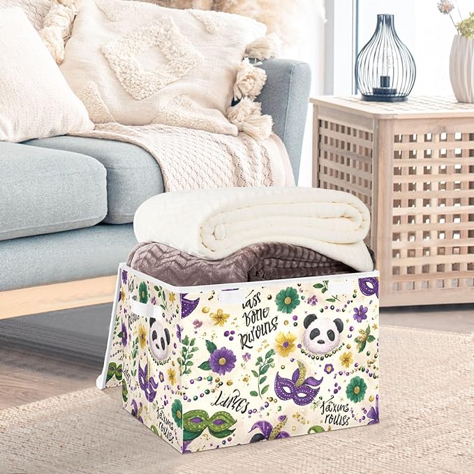 Mardi Gras Masks Leaves Beige Storage Box with Lid 1 PC Foldable Storage Bin with Lids Stackable Storage Bins Cube Closet Organizer Basket with Flip-Top Lid &amp Handles for Shoes Books Towels