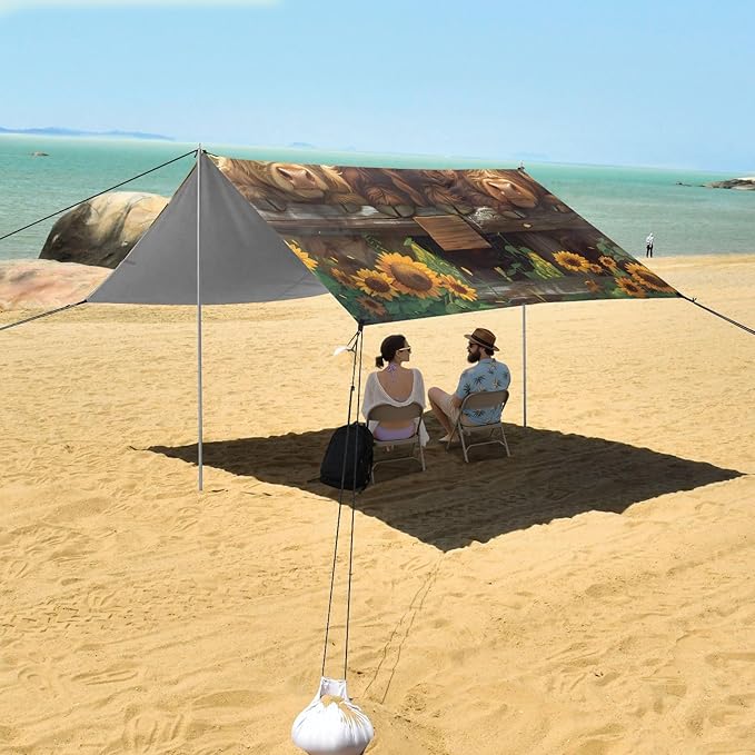 ALAZA Sunflower Highland Cattle Beach Tent Sun Shelter Portable Canopy Sunshade for Outdoor Camping Picnics Backyard Fun 10x9 ft
