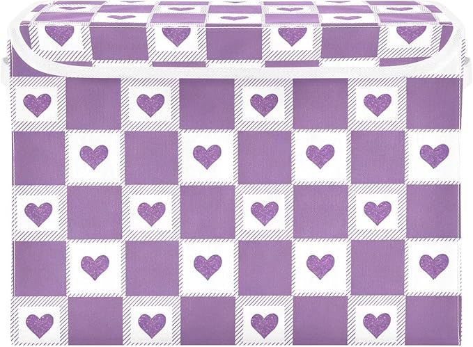 Cute Checkered Purple Hearts Storage Box with Lid 1 PC Foldable Storage Bin with Lids Stackable Storage Bins Cube Closet Organizer Basket with Flip-Top Lid &amp Handles for Shoes Books Towels