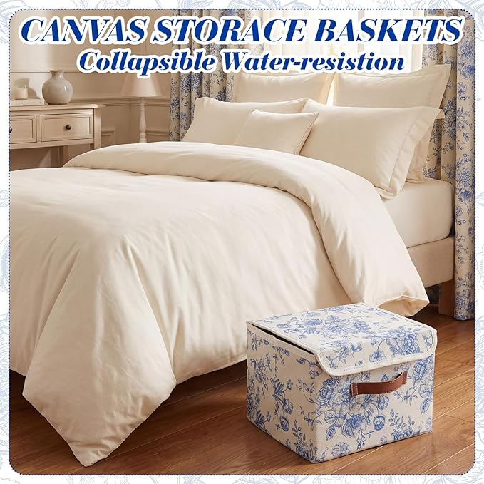 2 Pack Blue Floral Storage Bin with Lids Handles Large Blue and White Porcelain Storage Boxes 10x8x7 Inch Foldable Fabric Basket Decorative Cube Organizer for Clothes Nursery Home Dorm