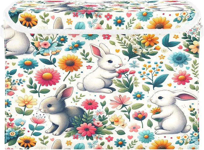Cute Rabbit Large Collapsible Storage Bins with Lids Easter Storage Baskets Organizer Containers with Handles for Nursery Clothes Toys