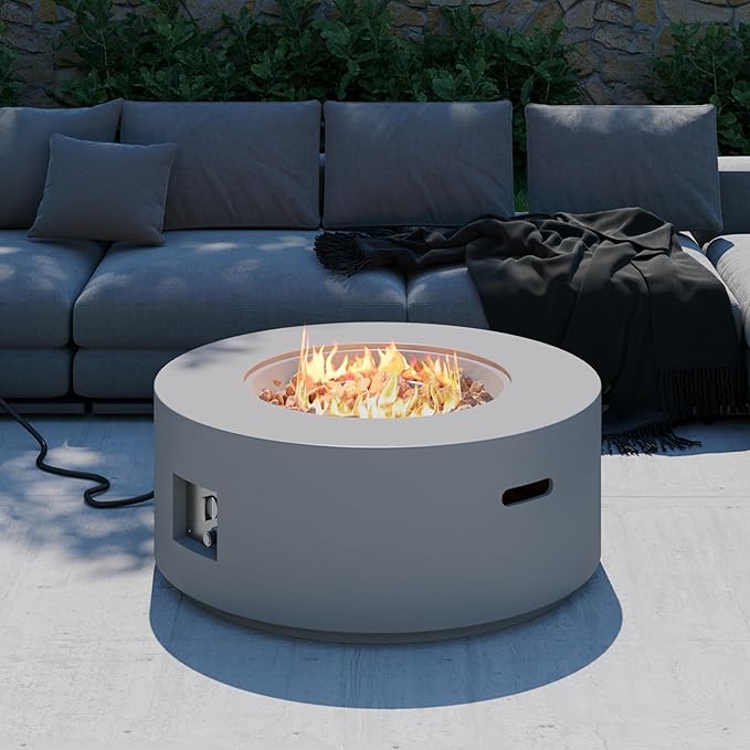 32 inch Round Propane Fire Table 50000 BTU Gas FirePit Patio Fire Pit Table with Steel Lid Rain Cover 10ft Propane Hose Lava Rocks Grey