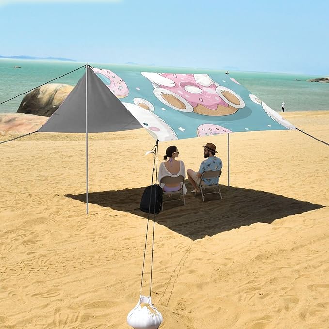 ALAZA Cute Carttoon Bear and Donut Seamless Beach Tent Sun Shelter Portable Canopy Sunshade for Outdoor Camping Picnics Backyard Fun 10x9 ft