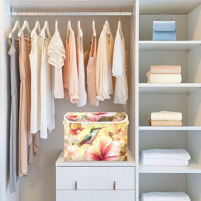 Collapsible Storage Bins with Lids Decorative Fabric Storage Cubes Closet Organizer and Storage Basket Boxes Containers for Clothes Box Chest Nursery Folding Rectangle Hibiscus Blossom and Hu