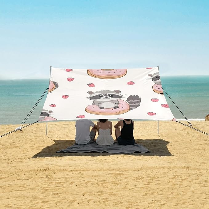ALAZA Cute Raccoons Donut Strawberry Beach Tent Sun Shelter Portable Canopy Sunshade for Outdoor Camping Picnics Backyard Fun 10x9 ft