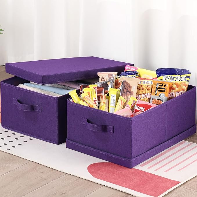 HOONEX Storage Bins with Lids for Organizing Pack of 2 Storage Boxes with 2 Carry Handles and Sturdy Heavy Cardboard 16.5 L x 11.8 W x 7.5 H for Shoes Books Clothes Nursery Dark Purple