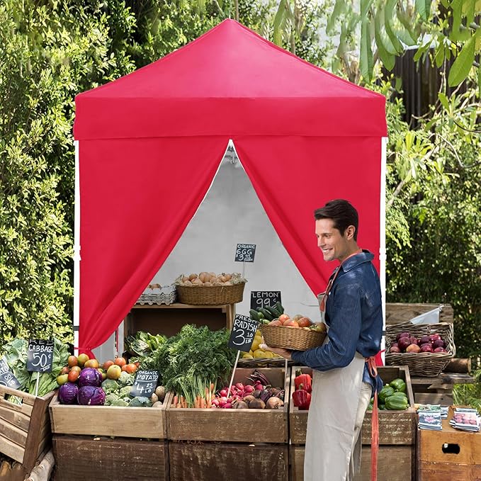 EAGLE PEAK 5x5 Instant Canopy with 4-Side Wall Panels Small Pop up Portable Canopy Tent with Carry Bag Light Weight Sun Shelter for Sports Camping and Beach Red